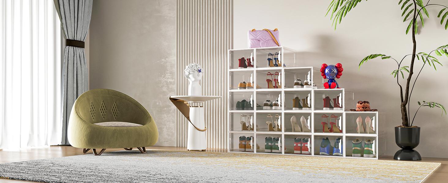 XL Large Stackable Shoe Boxes - Clear Shoe Boxes with Door, Thicken Shoe Organizer for Closet, Saving Foldable Shoe Containers Bins for Sneaker Boot - 6 Pack(White)