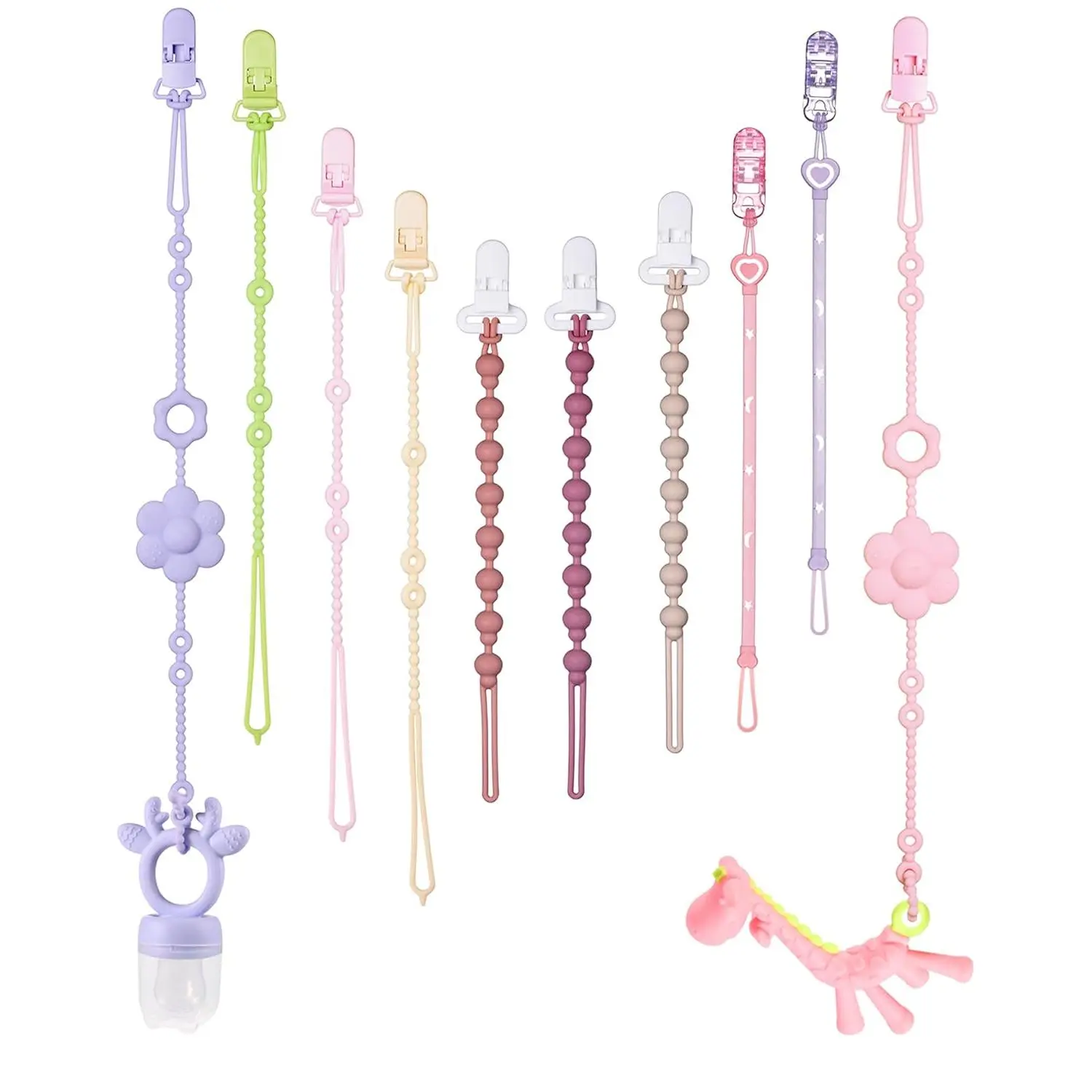 10-Pack Silicone Pacifier Clips & Toy Straps, Sturdy Beaded Tethers, Chew Resistant Anti-Drop Design for Babies and Toddlers 0 - 3 Years, Beads, Loop, Baby Showers, Clipped