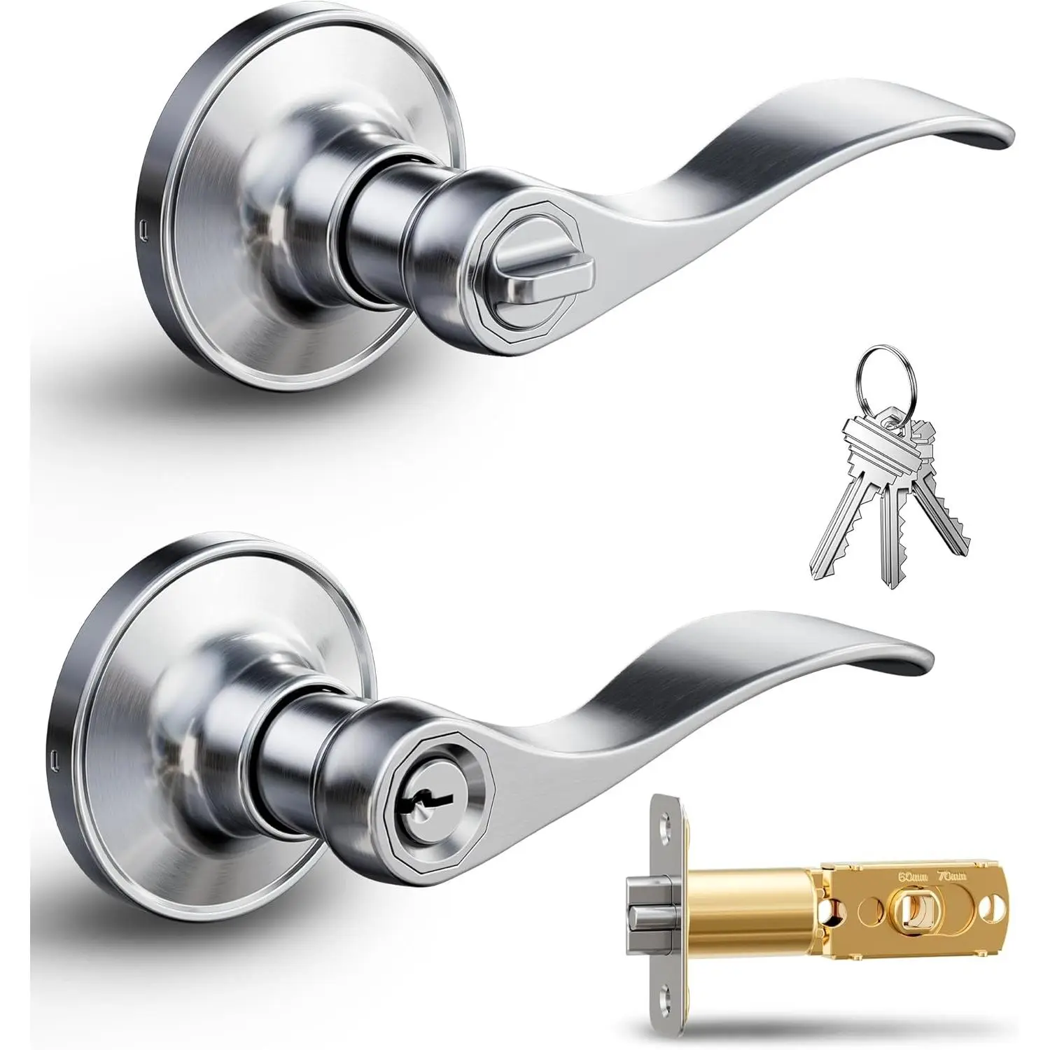 Keyed Entry Door Lever, Wave Handle Lock for Exterior & Interior Doors, Door Knobs with Lock and Key, Rust-Proof Bedroom Door Lock, Zinc Alloy Fits Right & Left Handed, Satin Nickel