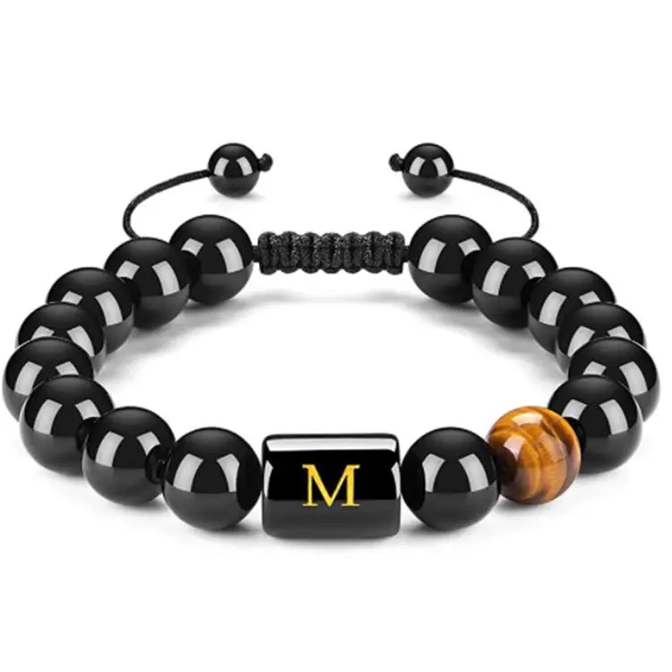 Minimalist Initials A-Z Bracelets for Men Letter Link Handmade Natural Black Onyx Tiger Eye Stone Beads Letter Braided Rope Meaningful Bracelet Daily Vacations, Party Wear, Jewelry, Holiday Gift