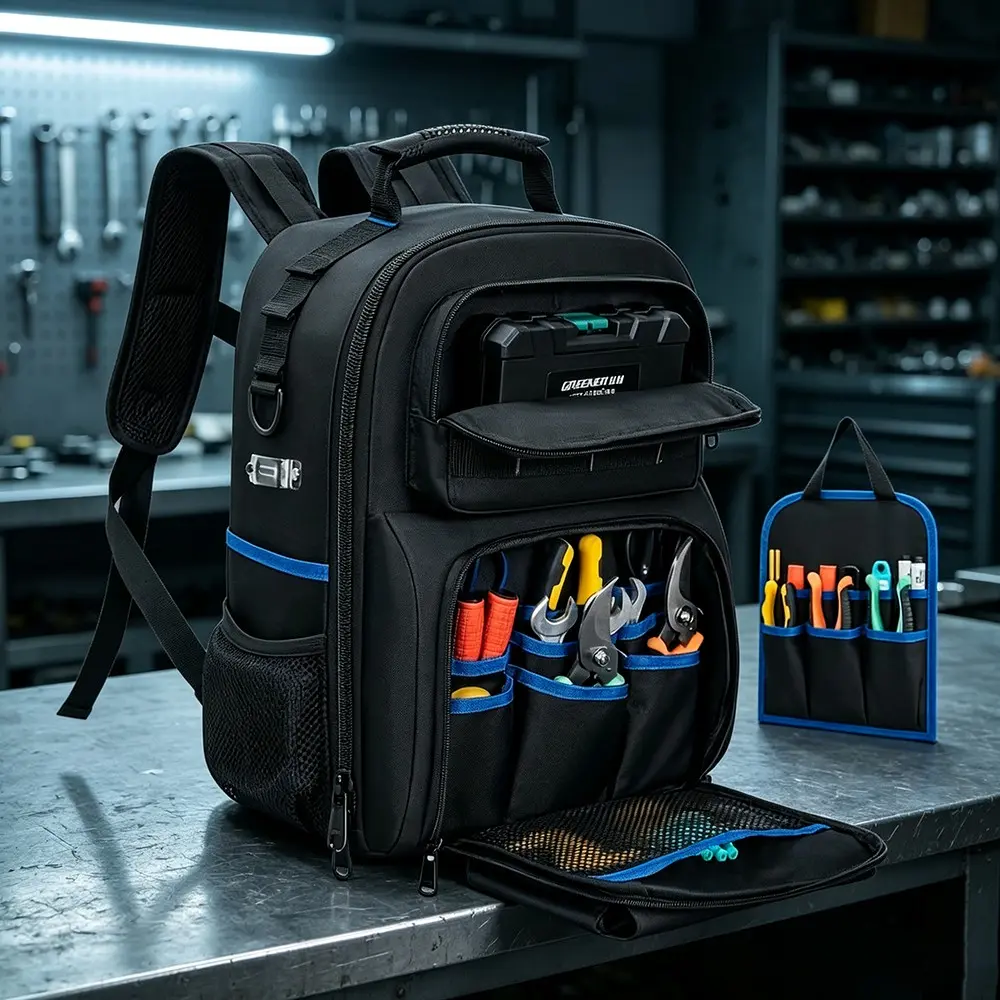 Tool Backpack, Thick Shoulder Straps, Detachable Tool Pockets, Waterproof Work Bag, Ideal for Electricians, Tool Bags