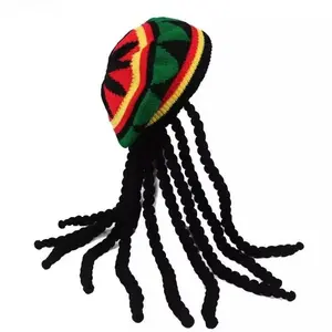 Unisex Jamaican Rasta Wool Knit Beret Hat with Rainbow Dreadlock Braids, Funky Reggae Style Wig Headwear, Boho Festival & Halloween Costume Accessories for Adults