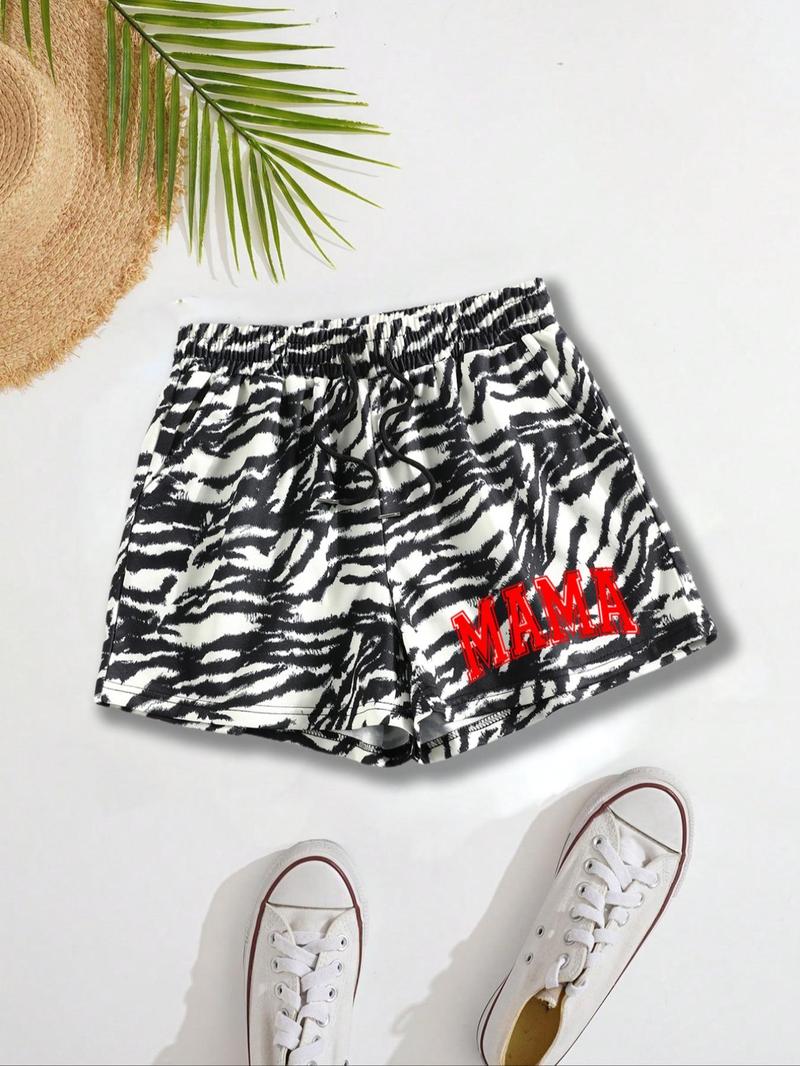 Women's Letter Print Drawstring Waist Shorts, Casual Elastic Waist Pocket Shorts for Summer, Ladies Bottoms for Daily Wear