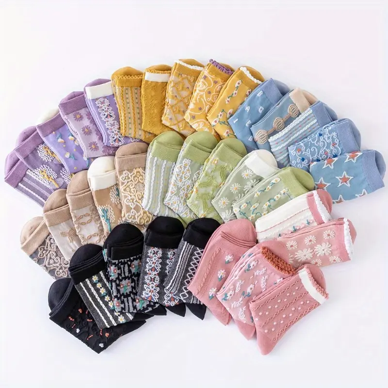 20/40/60 Pairs Random Mixed Women Socks, Elegant Embossed Floral Pattern, Sweet Candy Color Casual Socks, Fashion Student Daily Wear Socks