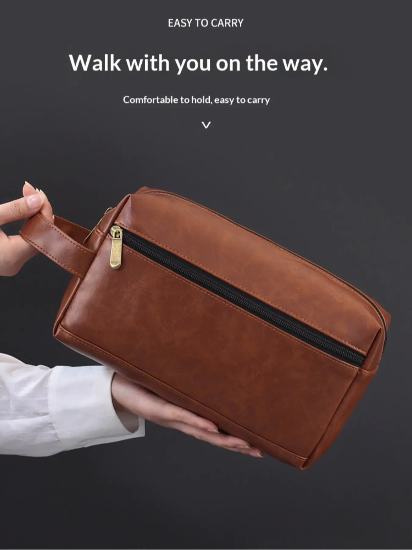 Vintage PU Men's Travel Bag, Waterproof Dual Zipper Large Capacity Shaving Kit, Handheld Portable Business Fitness Cosmetics Organizer, /tea /