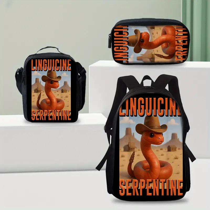 Durable Water Resistant 3-Piece Backpack Set for Kids, Lightweight School Bag with Lunch Box, Western Desert Cowboy Snake Meme Art Print With Bold Orange Lettering Ideal for Daily School Attendance, Casual Outings And Hobby Gatherings