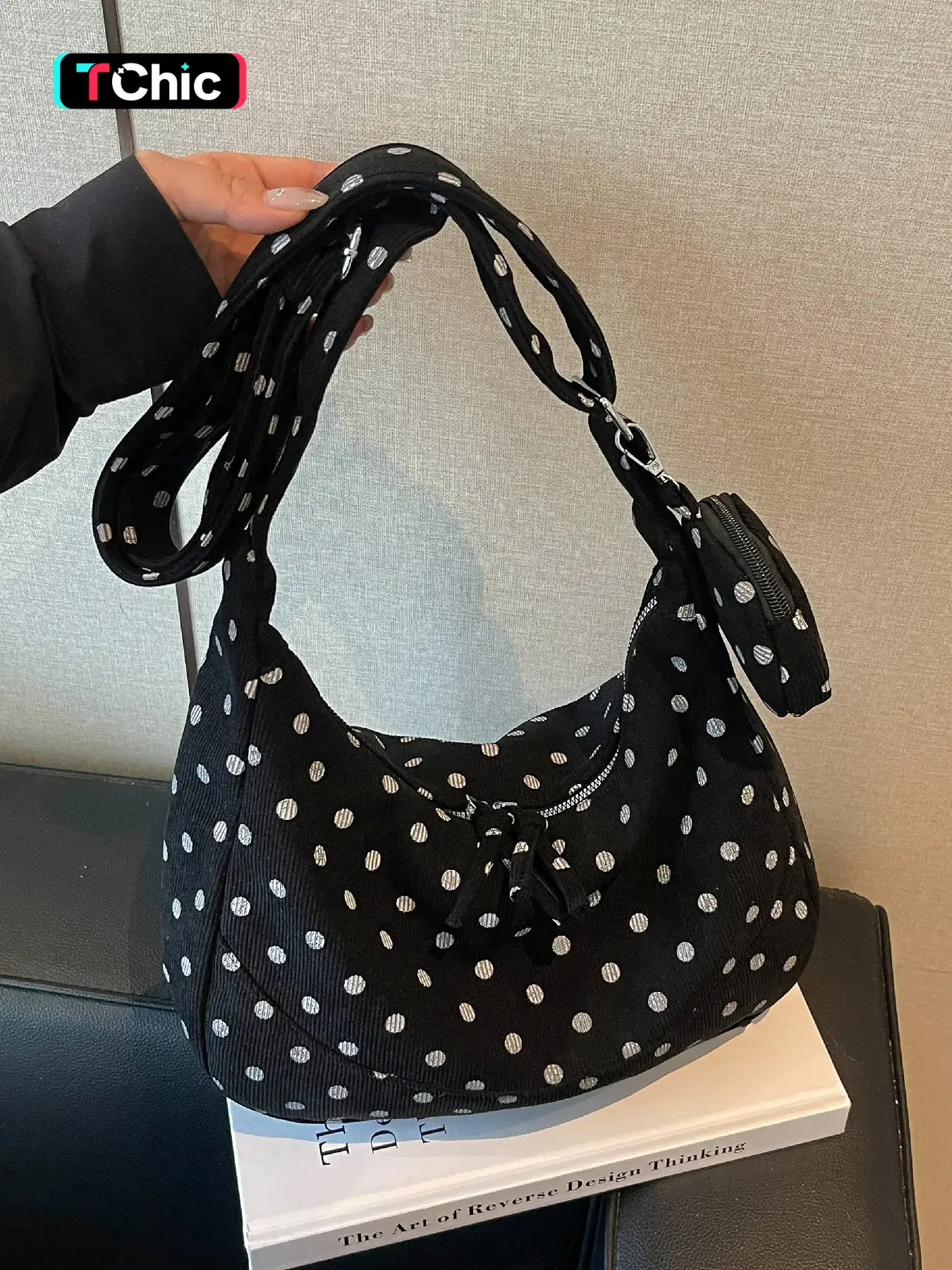Polka dot print crescent underarm casual crossbody bag with mini storage pouch, smooth curved body, layered storage space, student tote bag for classes, cafe hopping, and use.