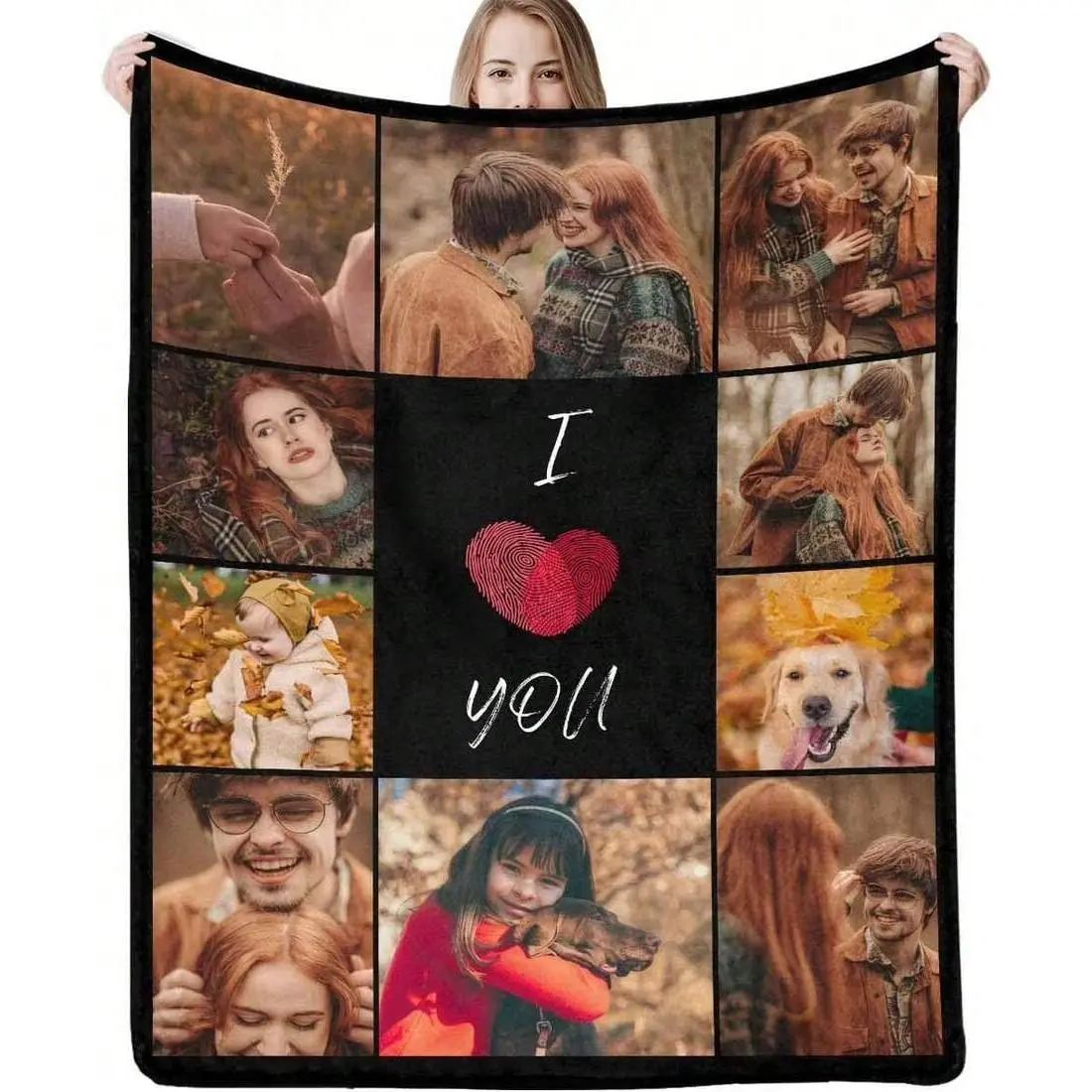Custom Photo Flannel Throw Blanket - 1-9 Photo Collage, Black Background with Fingerprint Heart & "I Love You" Text, Lightweight, Wrinkle Resistant, Fade Resistant, Durable, Modern AC Blanket, Gifts for Adults, Wedding/Birthday Keepsake Home Decor, Room D