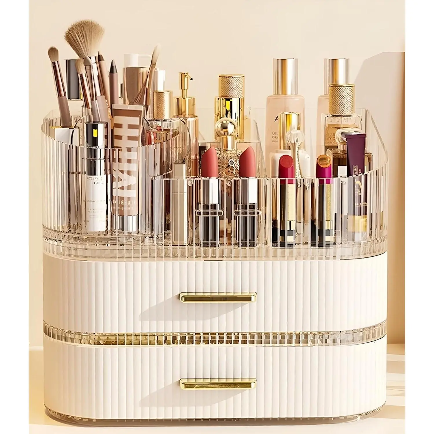 Makeup Organizer with Drawers and 360° Rotating Brush Holder, Large Capacity Cosmetic Storage for Vanity, Skincare, Perfume, Hair Accessories, Lipstick & Jewelry (Cream White, 3-layer)