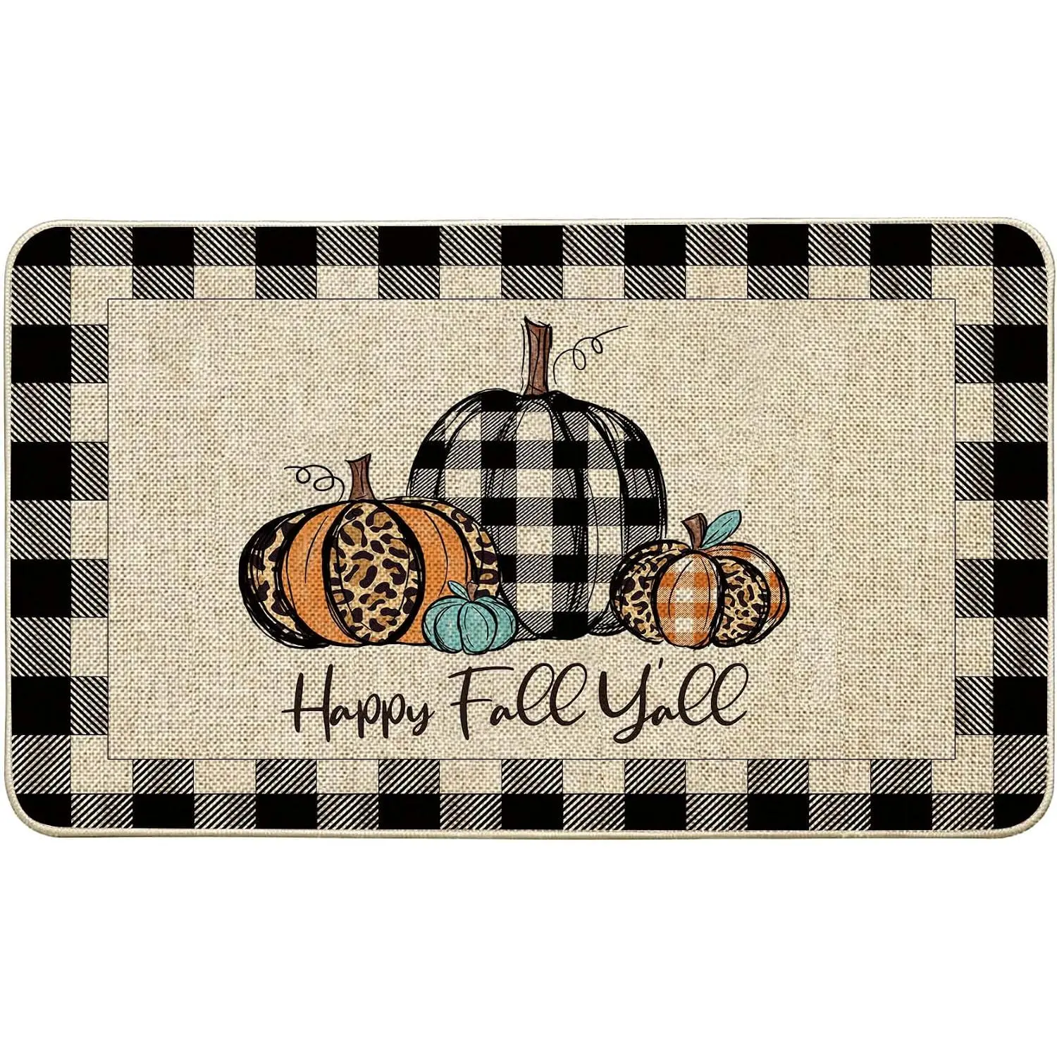 Happy Fall Y' Doormat Fall Low Profile Front Mat Buffalo Check  Pumpkin Door Mats Entrance Non Slip Autumn Rugs Kitchen Floor for  Patio Indoor Outdoor Decor, Black 17x29 Inch