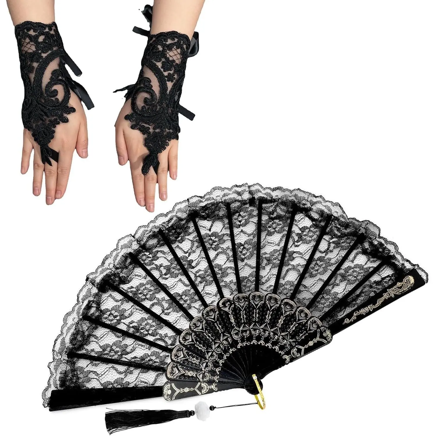 2 Pairs Wedding Party Costume Accessories,1Pair Black Women's Laces Gloves Short Lace Fingerless Gloves &1Pc Black Lace Folding Fan with Lotus Jade Tassel for Wedding Bridal Prom Summer  Party