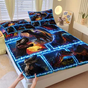 Cyber Neon Dinosaur Non-Slip Print Bed Fitted Sheet Set, 1 Bed Skirt and 2 Pillowcases, Sci-Fi Retro Style, Easy Care, Fits Bedroom and Boys' Room