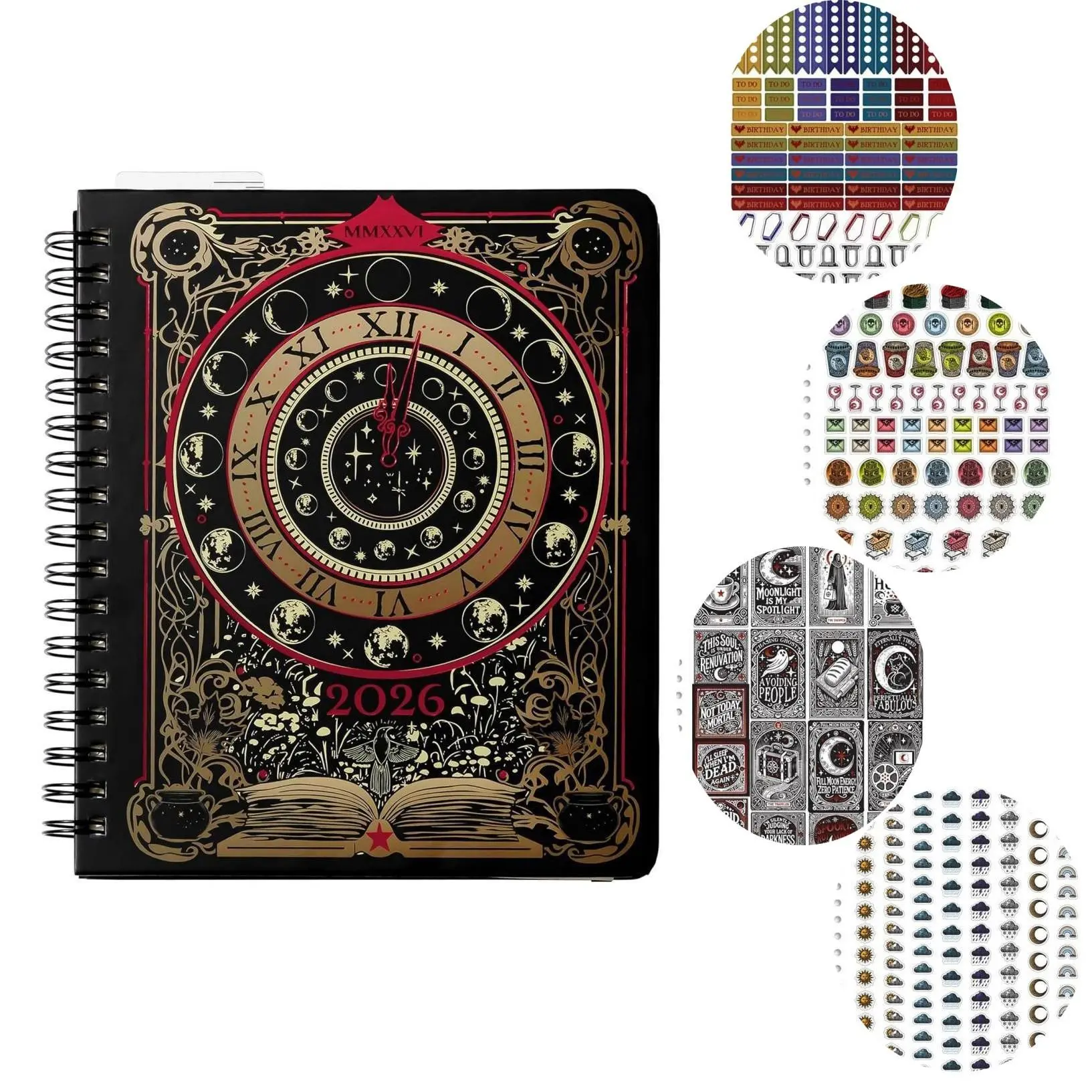 Night's Wait spiral-bound weekly planner, Gothic witch tarot card design, book cover, 4 stickers, pocket, elastic, bookmark planning notebook, mind map notebook weekly planner notebook life planning career planning life planning this week's planner
