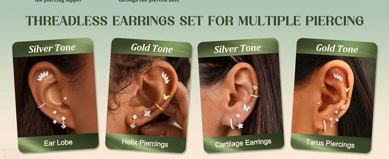 MILACOLATO Threadless Flat Back Earrings Hypoallergenic - 9 Pairs 316L Surgical Steel Push in CZ Studs & Hoops Set for Women Men 14K Plated Gold Cartilage Tragus Helix Nose Piercing Jewelry 16G 18G
