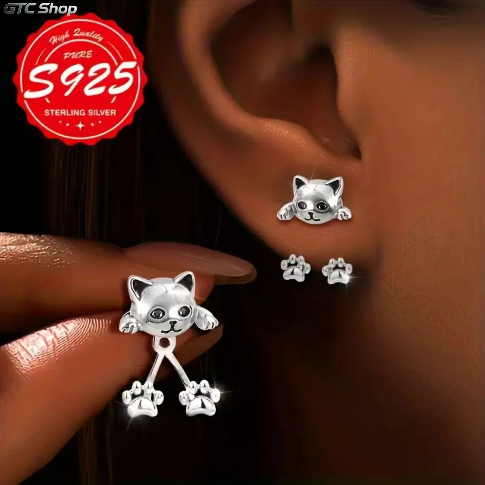 A pair of S925 pure silver lady cat paw pendant earrings, fashionable and creative, cute and adorable pet-themed, suitable for daily commuting and parties, the best gift for ladies, hypoallergenic, daily wear earrings, festival gifts