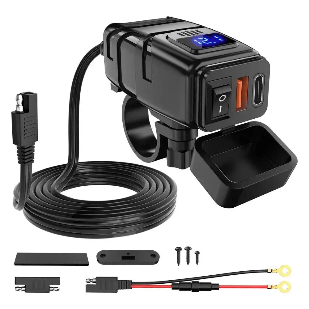 Nilight Motorcycle Charger with USB Type-C, 12V Voltmeter, On-Off Switch, 5V-3.4A Output, 7/8 Inch Fit for Motorcycle Accessories, SCP-Enabled Devices, Campers, 5V / 3.4 A