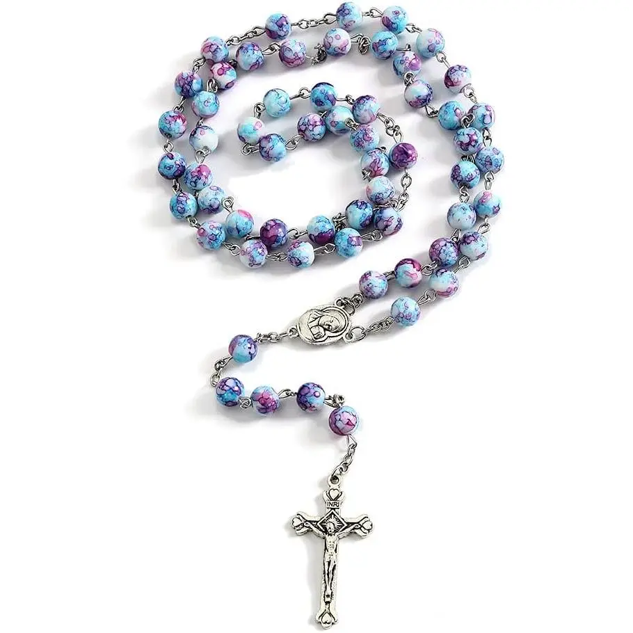Rosary Beads Catholic for Woman, Handmade Imitation Blue Purple Pearl Rosary Necklace, First Communion Gifts, Wall Crosses Christian Gifts