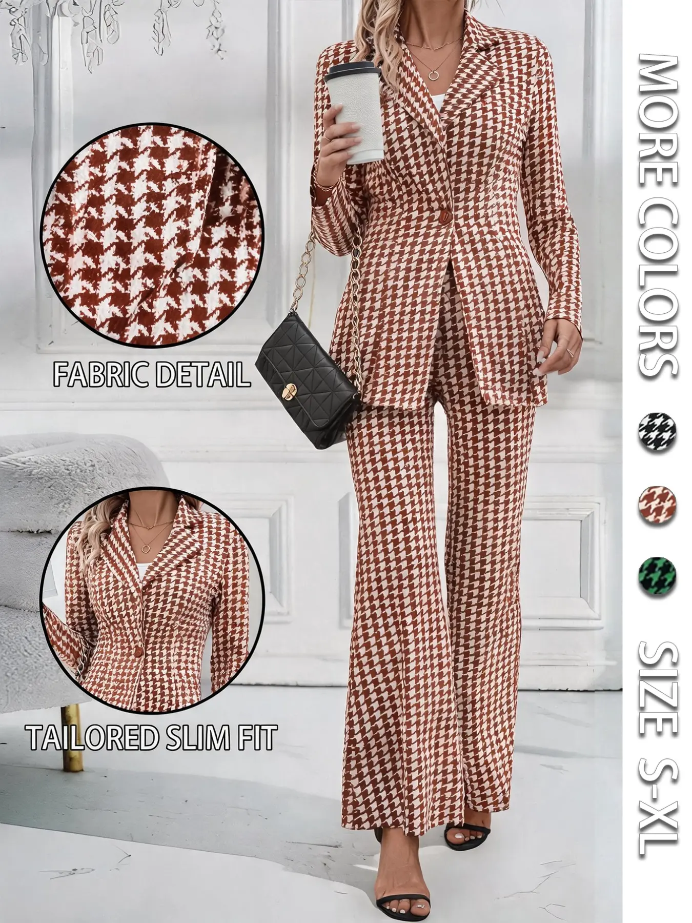 Women's Houndstooth Blazer and Bell Bottoms Set, Single Button Notched Lapel, Loose-Fit Outerwear for Office, Dates, Daily Wear
