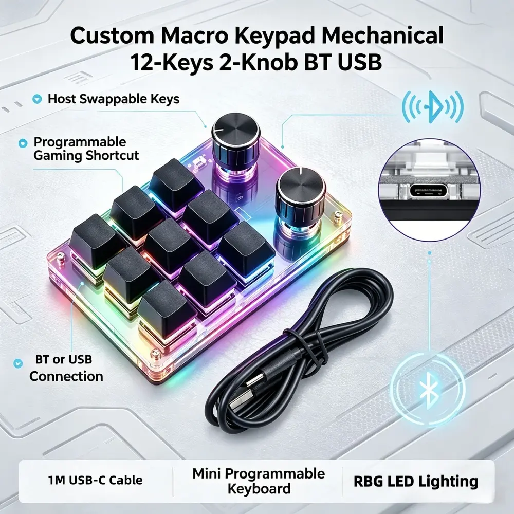 Custom Mechanical Macro Pad (Black 9-Key+Dual Knobs+BT) - Hot Swappable, BT/USB Self Program Gaming Shortcut Keypad, PC Gaming Setup Accessory