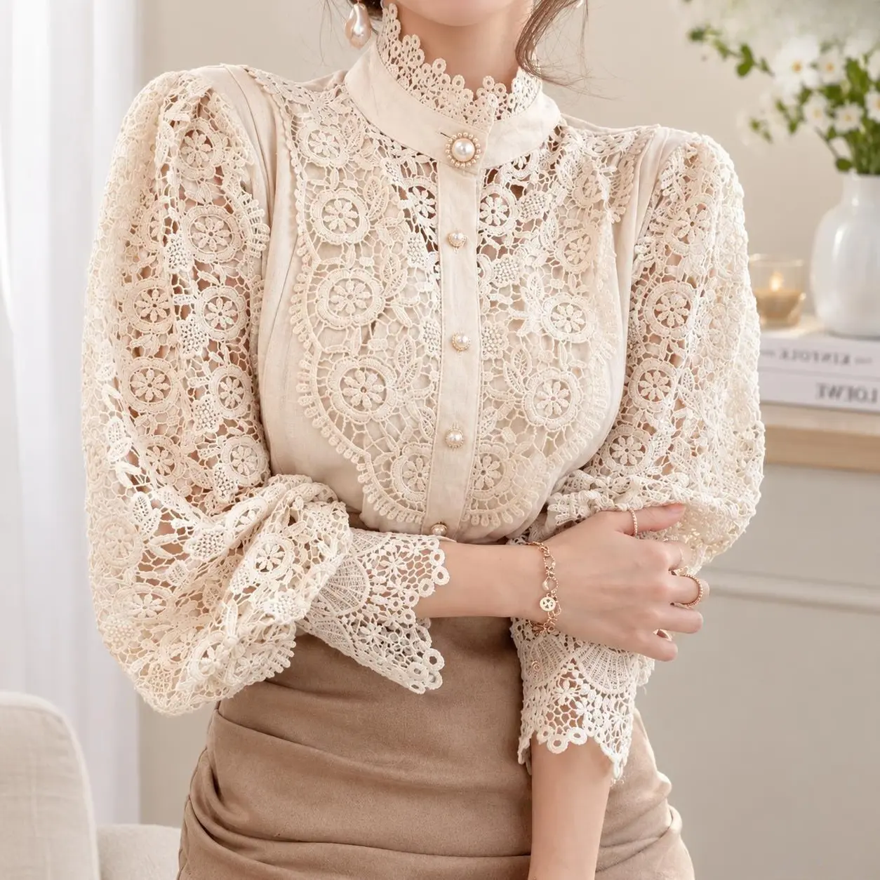 Women's Victorian-Inspired Lace Blouse - Pearl Accents, Puffed Long Sleeves, Stand Collar, Semi-Sheer Casual Fit Top for Spring Office Wear, Paired with Skirt/Camisole yoga active