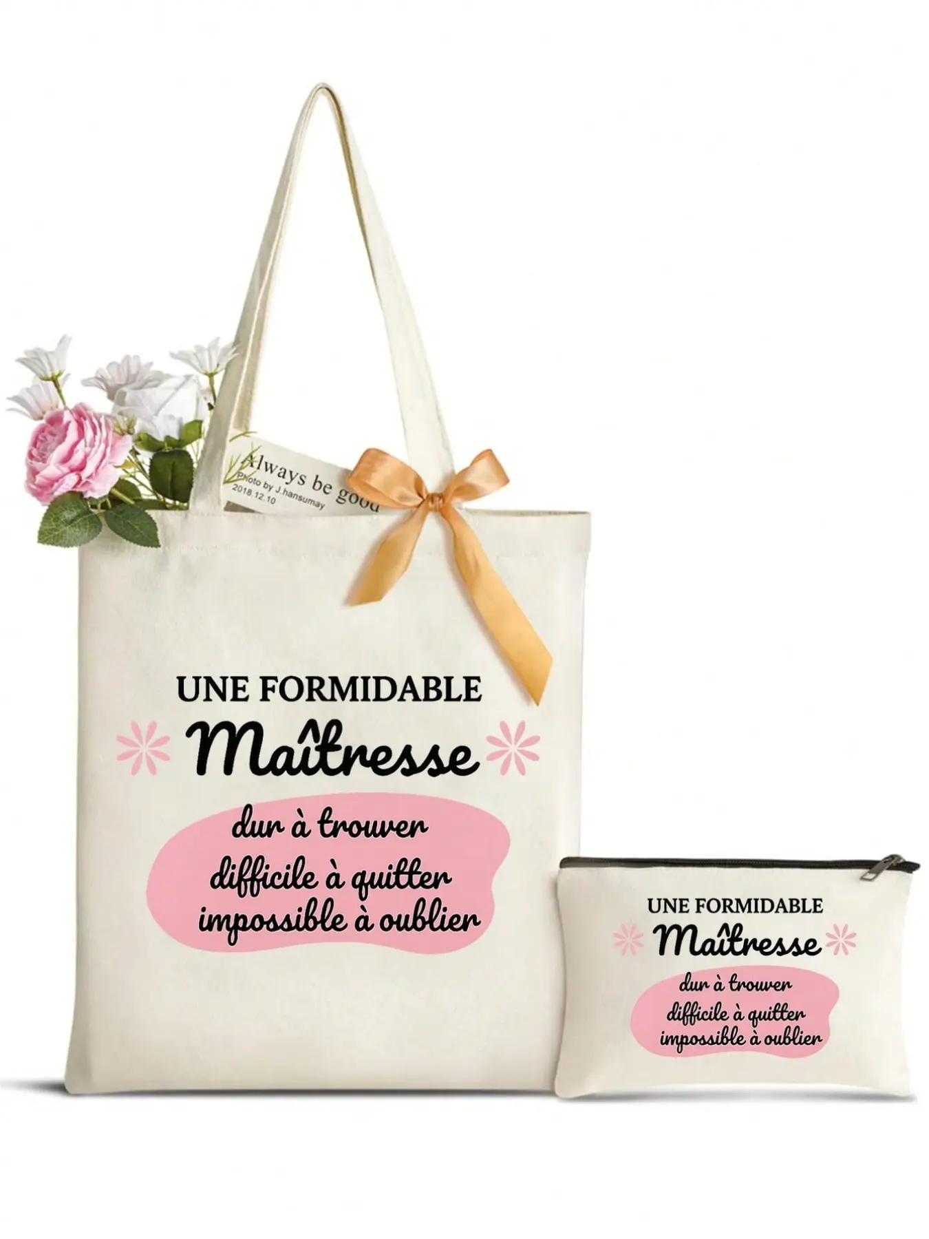 French Print Handbag with Makeup Bag, Teacher Theme Handbag Set, Personalized Wedding Gift Bag for Bridesmaids, Letter Print Handbag with Makeup Bag