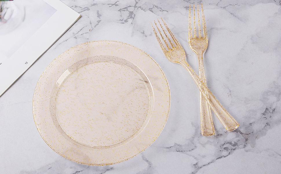 GOODLUCK 240PCS Gold Glitter Disposable Plates & Forks Set 120 Heavy-Duty 7 Dessert Plates 120 Plastic Forks for 120 Guests Perfect for Weddings Parties Baby Showers Events Decorations Supplies Birthdays