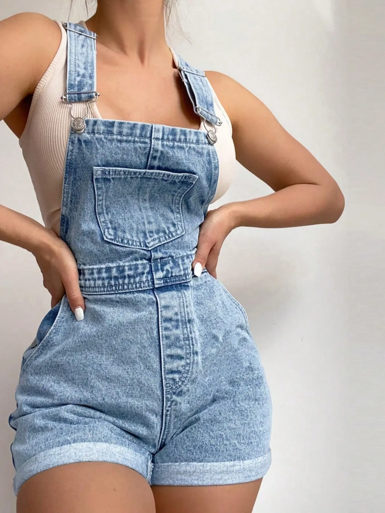 Women's Vintage Light Blue Washed Adjustable Strap Denim Overalls Shorts, Loose Fit Waistband Rolled Hem, Perfect for Outdoor Events and Travel