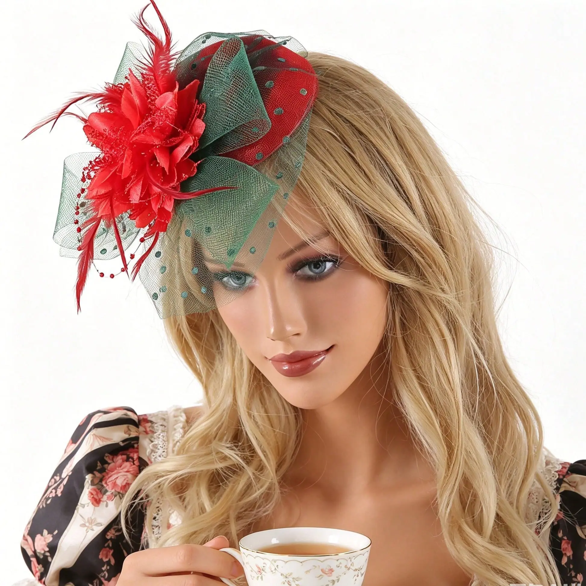 Women's Vintage Pillbox Hat - Christmas Red Flower Feather Fascinator with Green Polka Dot Net Veil Hair Clip, PU Leather Accent Headpiece for Females' Holiday Party Tea Event, Polka Dots
