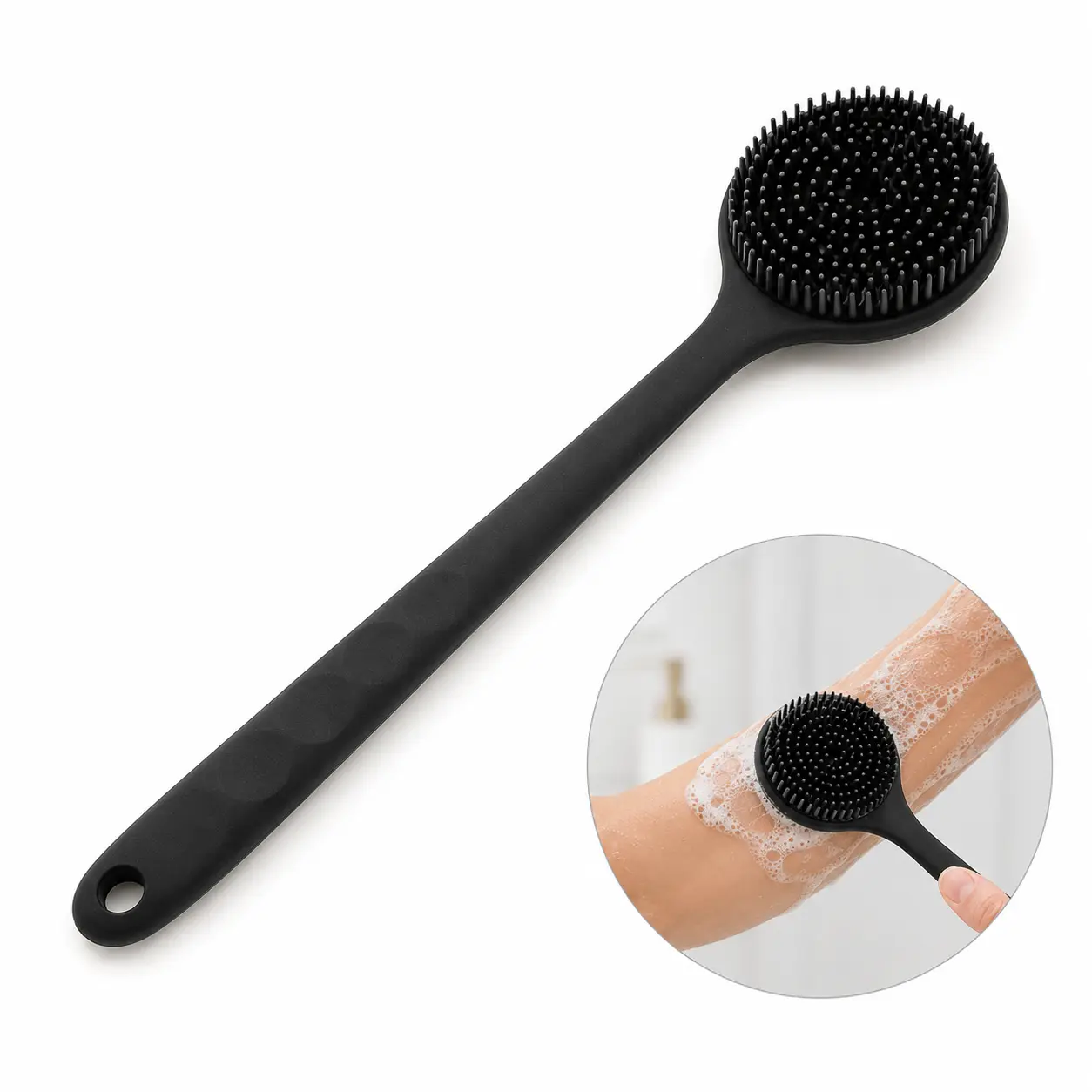1 PC Silicone Back Scrubber for Shower, Long-Handle Bath Body Brush with Soft Silicone Bristles, Exfoliating Body Scrubber for Daily Bathroom Use