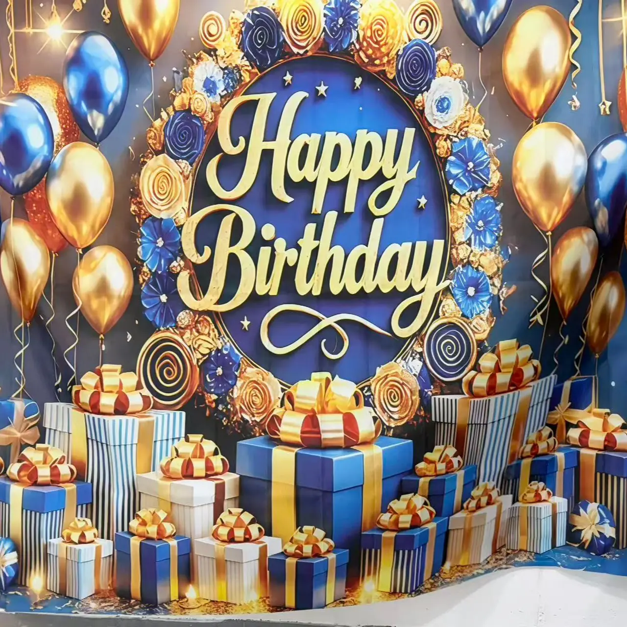 Happy Birthday Background Banner Decoration, Golden Text & Blue Balloons, Multi-Functional Polyester Material, Perfect Party Props, Indoor Backdrops, Photo Backdrops