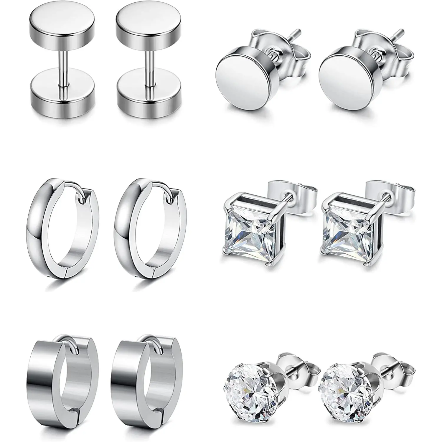 6 Pairs Stainless Steel Earrings for Women Men, Black Round Huggie Hoop Earrings Set, Fake Plug Earrings, Classic Screw Back Studs, Cartilage Hoop Barbell Piercing Jewelry, Silver Tone