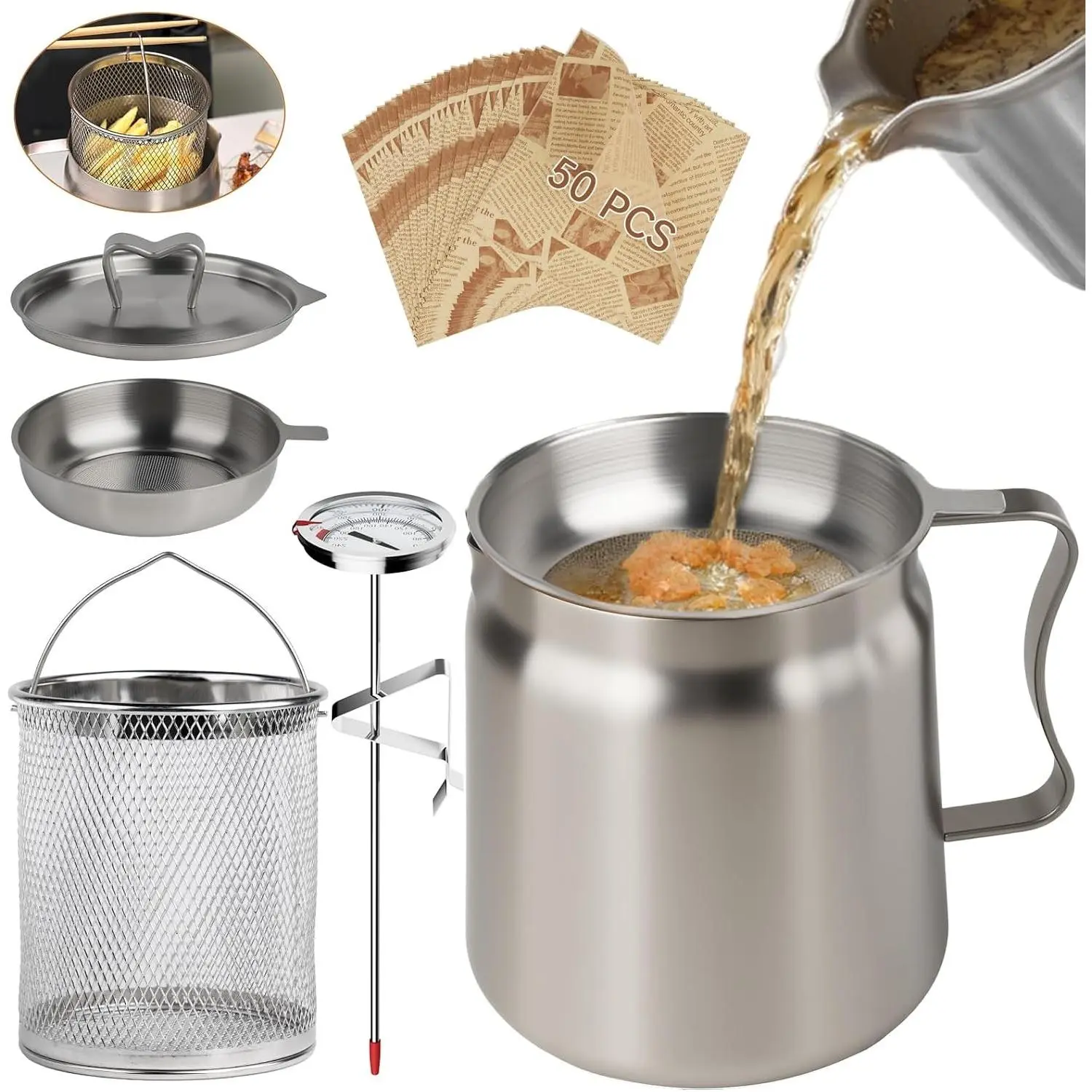 Stainless Steel 6 PCS 2L/68oz Oil Filter Pot Set - Bacon Grease Saver with Strainer, Fryer Pot with Basket, Cooking Thermometer & 50 Wax Papers for Kitchen Camping