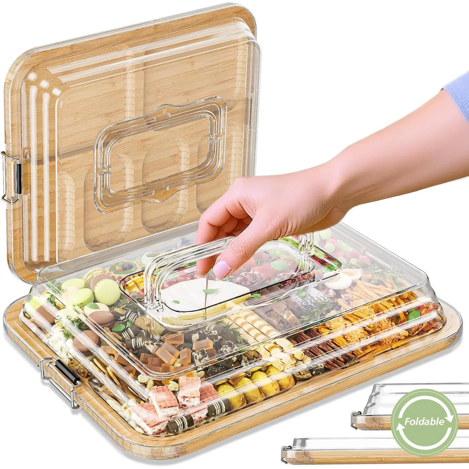 Charcuterie Boards with Foldable Lid, Portable  Cheese Board with 6 Compartments, Clear Locking Lid and Handle, Easy to Store, Suitable for Picnics, Camping, Parties & Housewarming Gifts