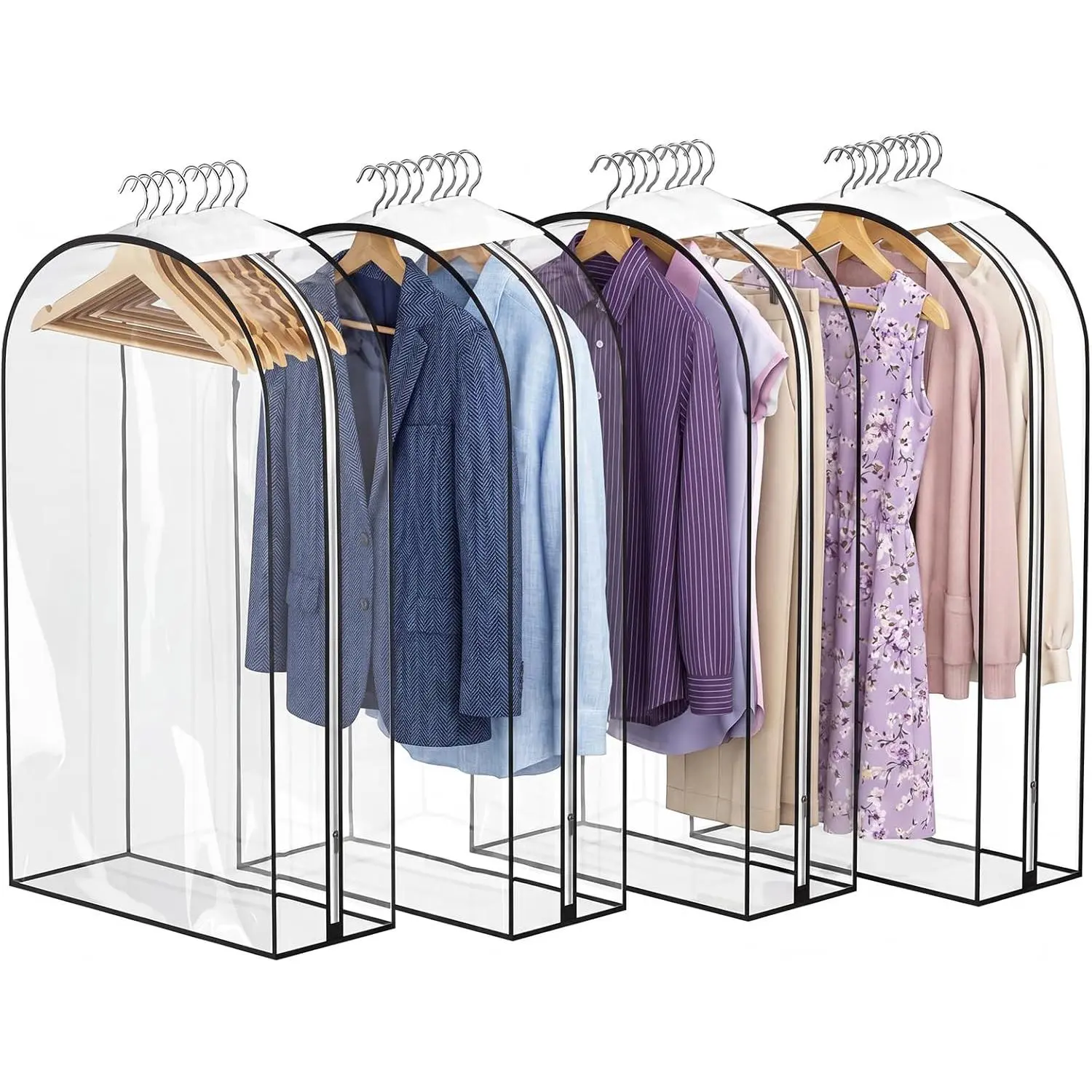 4 Pack Full Clear Garment Bags with Side Zipper, 40" Clothes Covers with 10" Gusset, Transparent Hanging Suit & Coat Covers for Closet Storage, Jackets, Dresses, Windbreakers