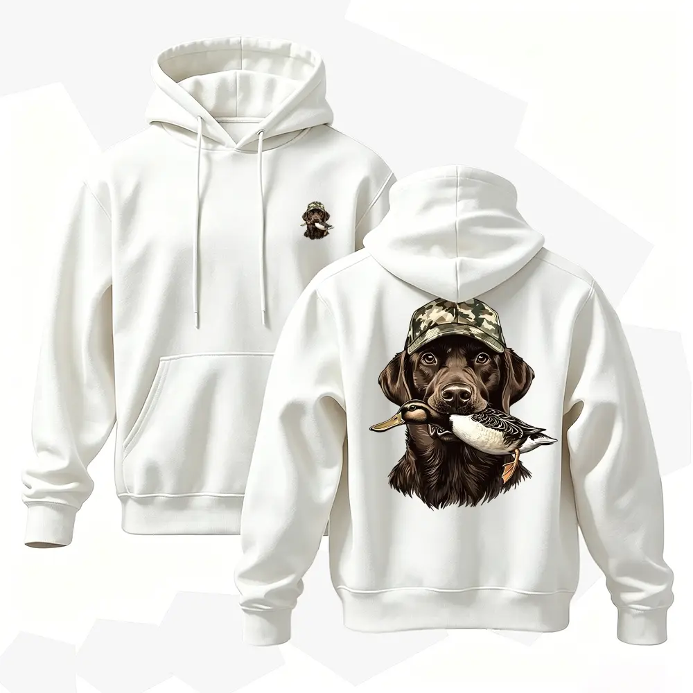 Labrador Duck Hunting Graphic Hoodie | 100% Cotton Soft Breathable Pullover | Camo Hat Chocolate Lab Dog Aesthetic Outdoor Sweatshirt White Unisex