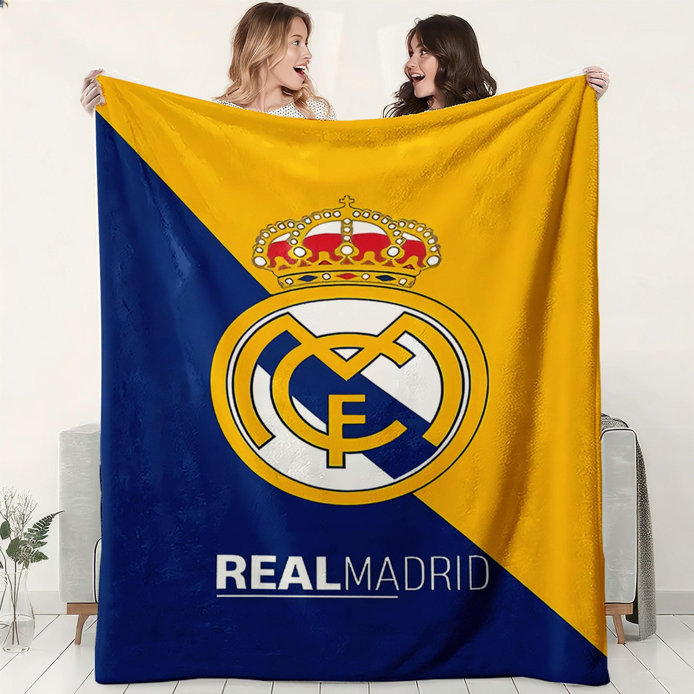 Royal Madrid Team Logo Blanket, Soft Flannel Gift Throw, High-Definition Print, Comfortable Bed & Office Blanket, Multifunctional Travel Cover