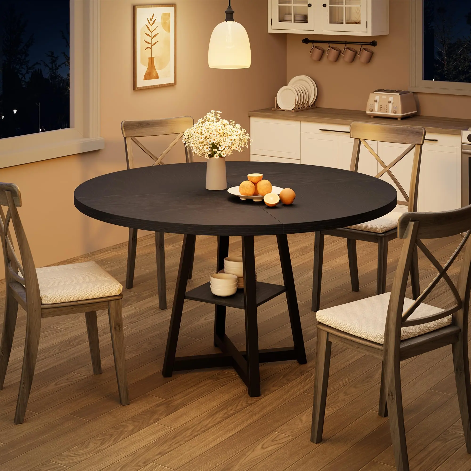 47 Inch Round Dining Table for 4, Wooden Kitchen Table With Metal Legs, Modern Farmhouse Circle Dinner Table, Large Round Table for Dining Room, Kitchen, Living Room-party gift