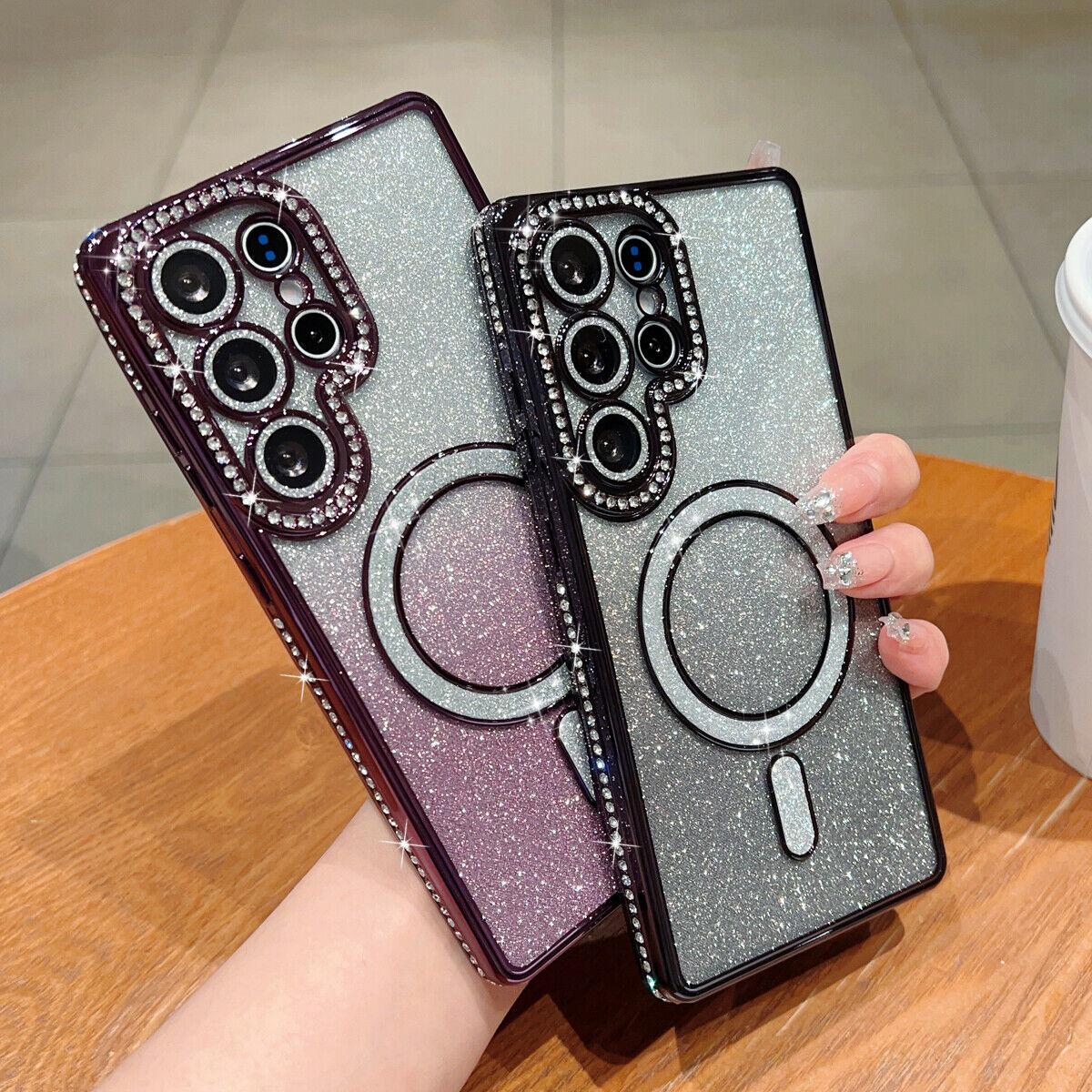 OREKROY Magnetic Glitter Case for Samsung Galaxy S25 Ultra Plus S24 23 [Compatible with MagSafe] Military-Grade Protection, Clear Cute Glitter Bling Cover Sparkle Diamond Camera Protector Cover for Women Girls, Purple