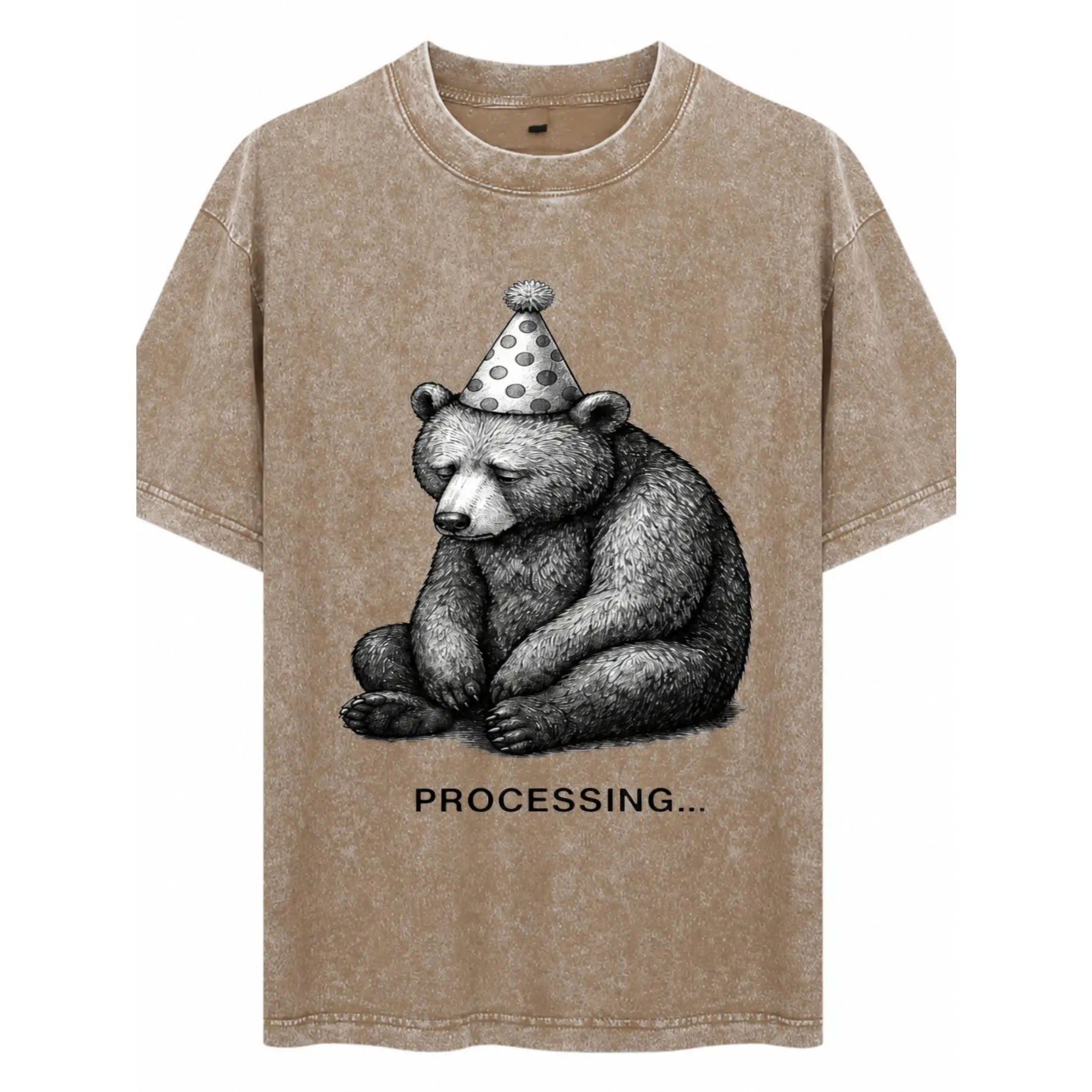 Streetwear Style, Heavyweight Unisex Acid Wash Cotton T-Shirt, Bear With Party Hat And Processing Text Design, Screen Printed Graphic, Casual Wear For Men Women And Teens