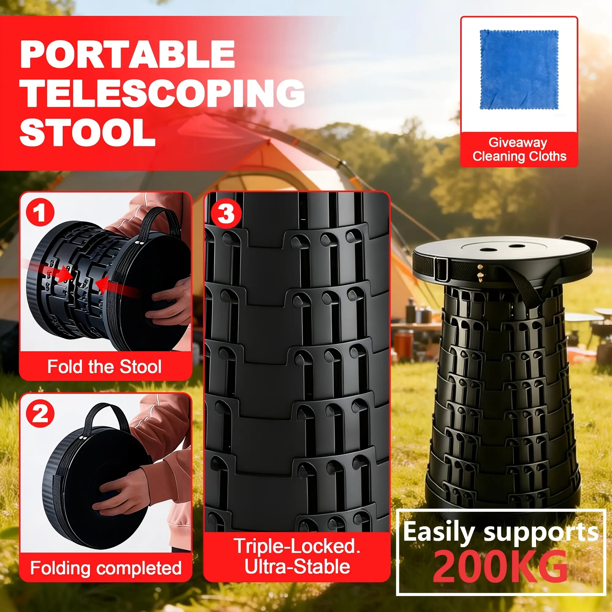 Portable Triple-Lock Telescopic Folding Stool Upgraded Thickened Version, Height Adjustable & Lightweight, Suitable for Outdoor Travel, Hiking, Camping, Fishing, Patio & Home Use