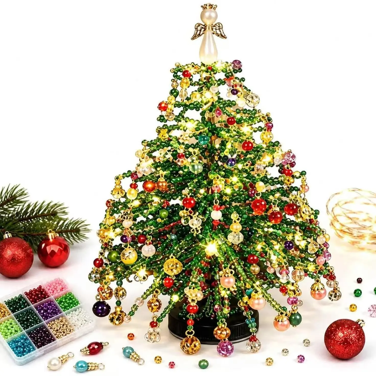 DIY Beaded Christmas Tree Kit, Crystal Holiday Craft Set for Adults | Colorful Beads, Ornament Charms, Metal Frame, Angel Topper, Warm Glow Display, Tabletop Decor, Relaxing Project,Christmas Gifts