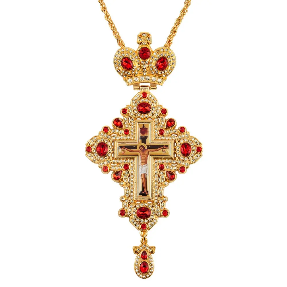 Russian Orthodox Pectoral Cross Necklace for Priest, Gold Plated 3 Colors Rhinestone Russian Jesus Crucifix Pendant 47inches Long Chain, Eastern Orthodox Church Liturgy Gift Box