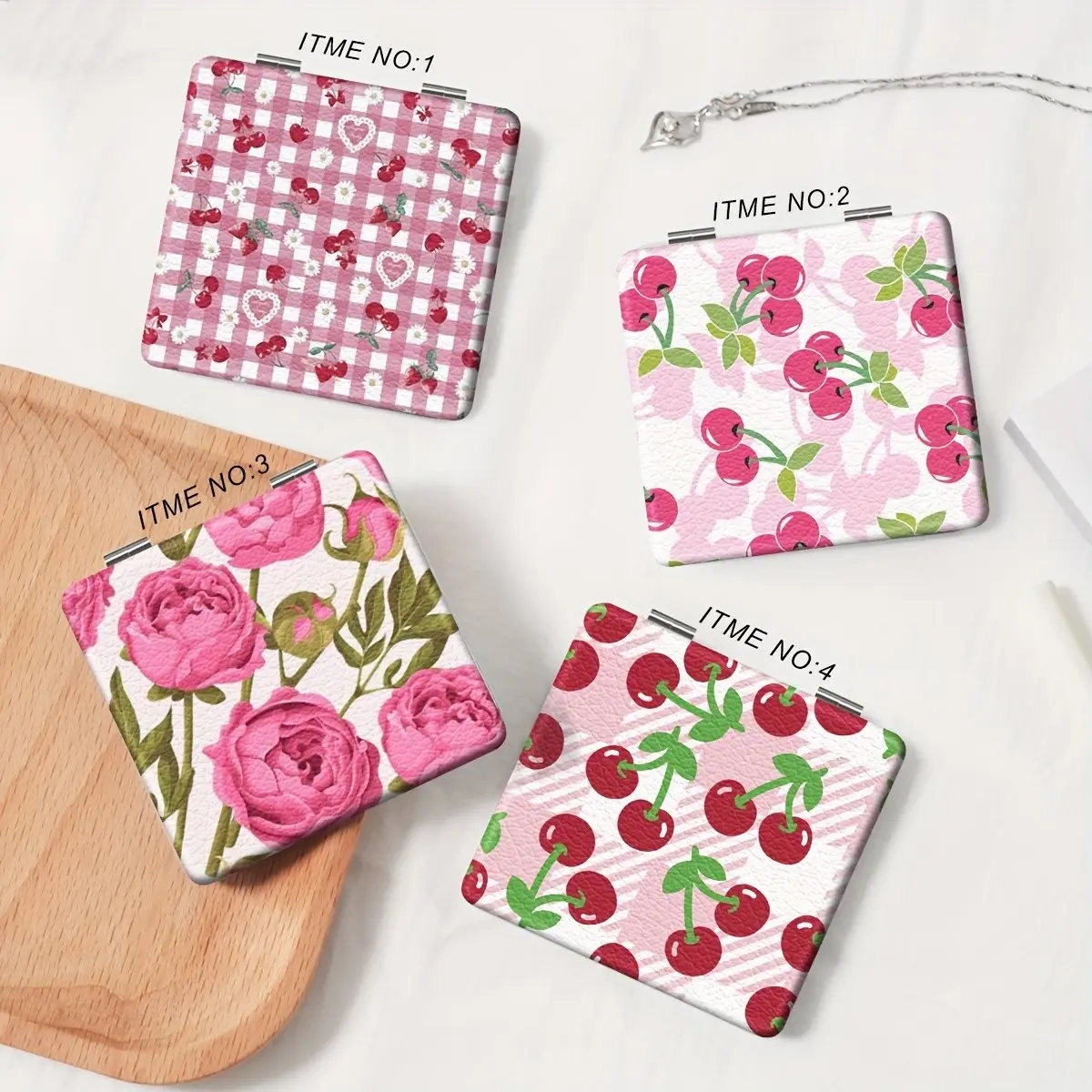 Cute Cherry Peony Floral Print Compact Mirror, Double Sided Foldable Pocket Makeup Mirror, Pink Gingham Portable Travel Cosmetic Mirror, Gift for Girls Women