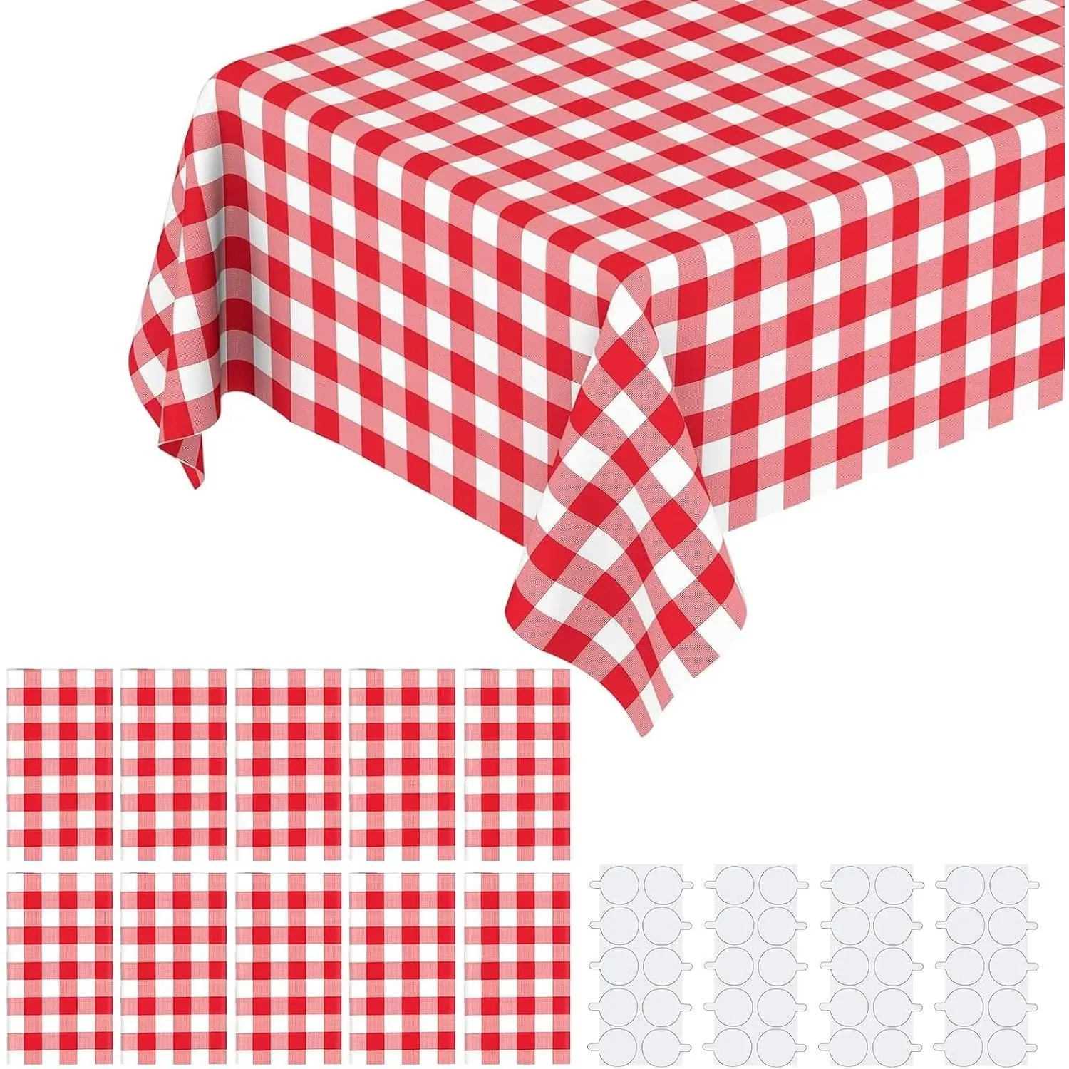 10 Pack 108" x 54" Rectangular Disposable Red Gingham Checkered Plaid Tablecloth, Red and White Table Cloth for Camping Birthday Picnic Wedding with Stickers