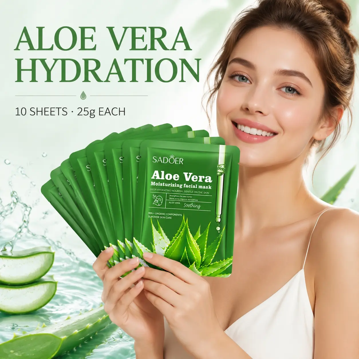 SADOER Aloe Vera Sheet Mask 25g x 10 Sheets, Hydrating Moisturizing Face Masks with Aloe Vera Extract, Sodium Hyaluronate, Allantoin and Glycerin, Soft-Fit Soothing Daily Facial Care, Individually Sealed