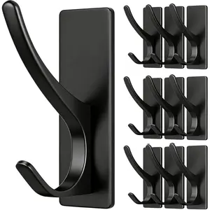 10 Pack Matt Black Self Adhesive Coat Hooks for Hanging: 13LB Extra Strong Stainless Wall Hook for Towel, Utensil, Backpack, Hat, Sturdy Metal Hanger for Bathroom, Kitchen, Door