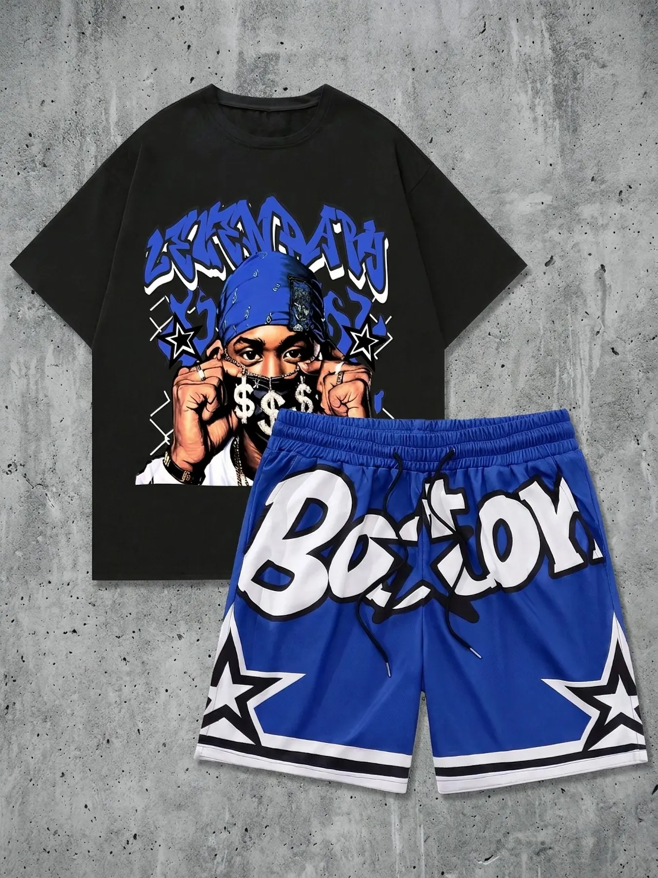 Men 2 Piece Outfits, Hip Hop Rapper Portrait Graphic Short Sleeve T Shirt + Boston Star Print Basketball Shorts Set, Y2K Streetwear Tracksuit, men clothing, menswear clothing, accessories for men, ropa caballero hombre, Casual Daily Sport Fashion Outfit