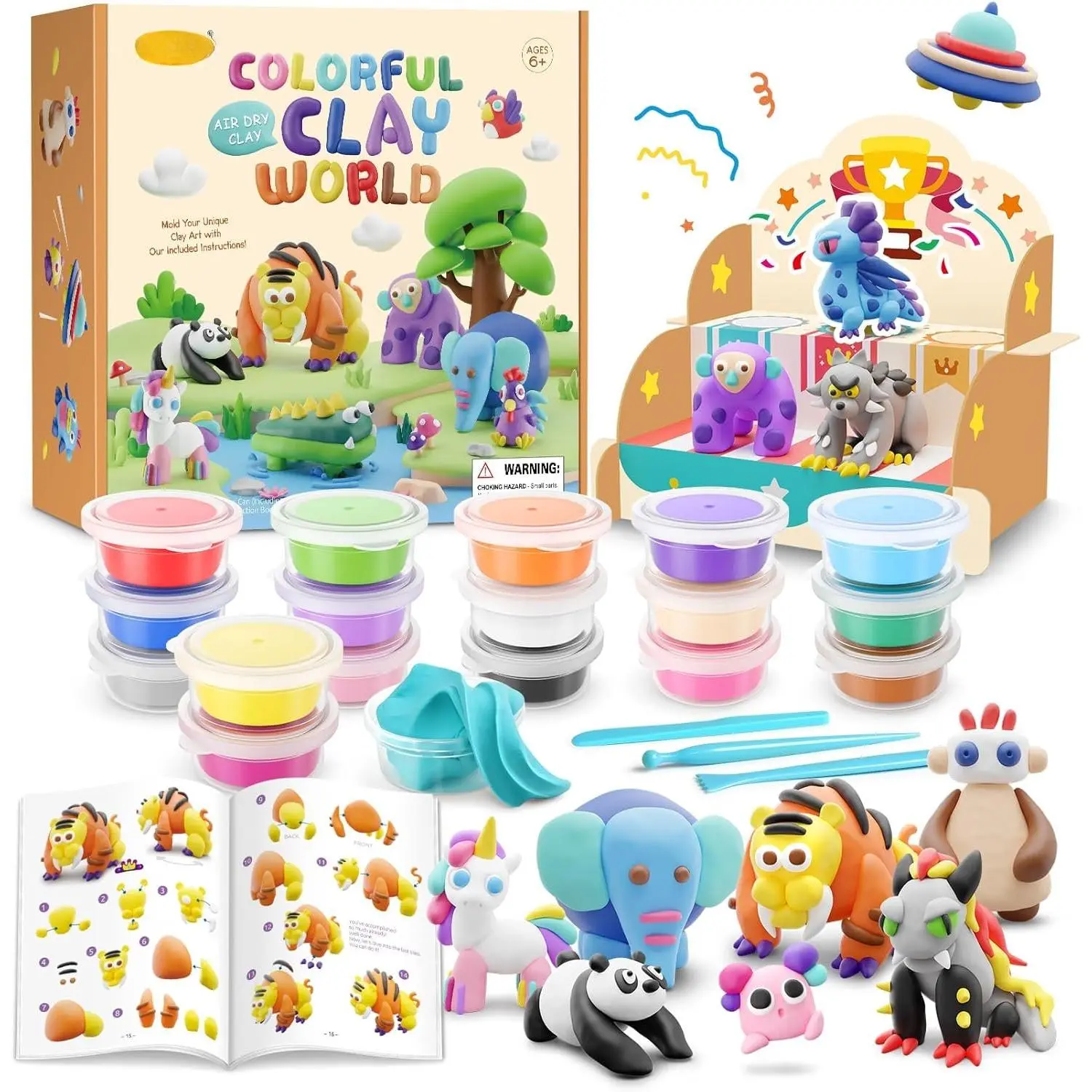 Air Dry Clay Kit for  - Comes with Instructional Guide Featuring 4 Scenes & 26 Projects Tutorials, 18 Cans of Modeling Clay, Includes Display Stand,  for Girls and Boys
