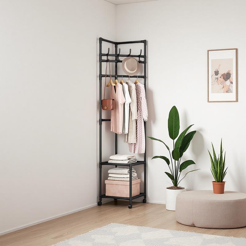 Black 2-Tier Freestanding Metal Coat Rack with 360 °   Swivel Wheels, Space-Saving Organizer with 4 Hooks & Storage Shelves for Bedroom/Entryway