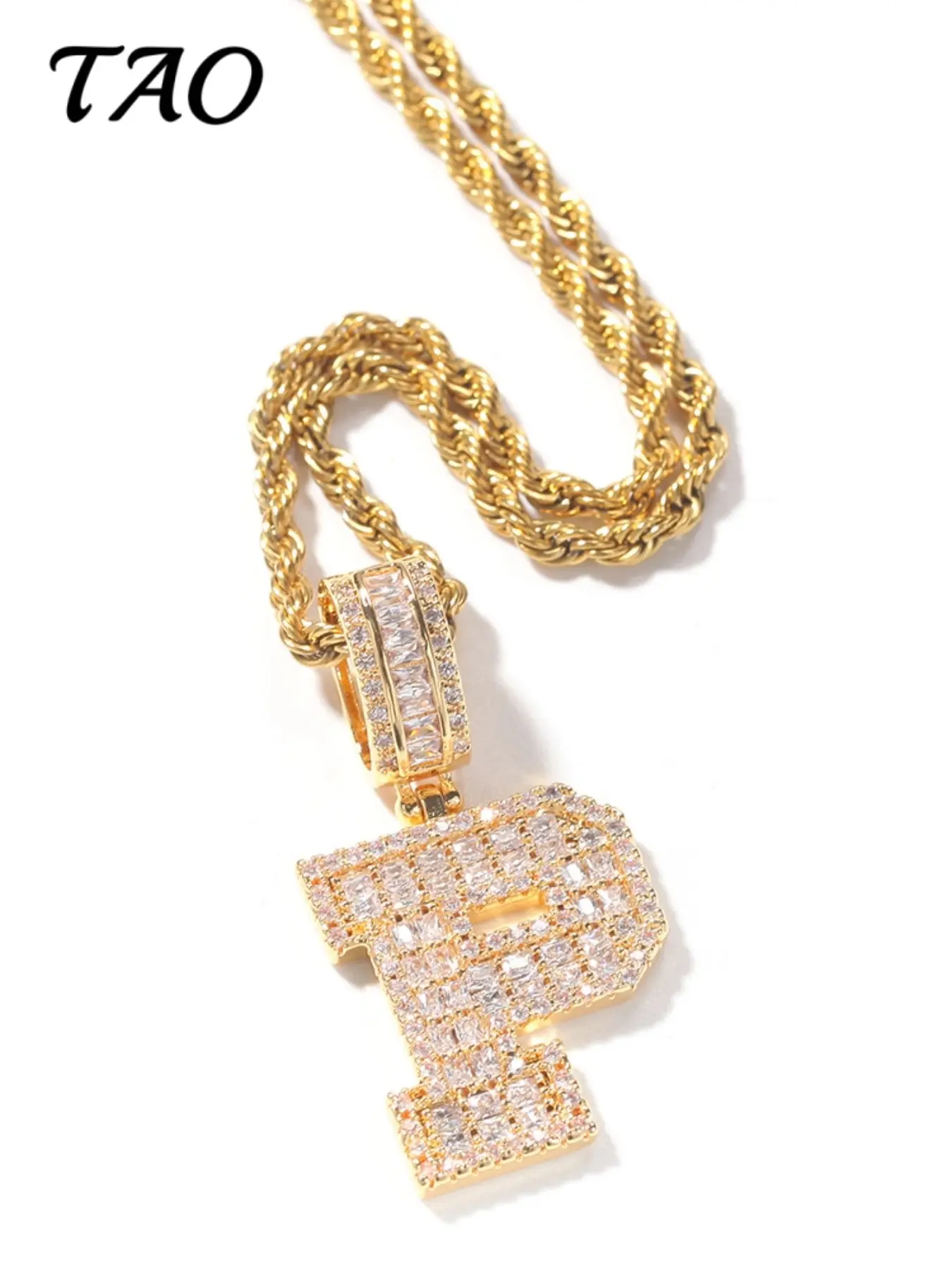 TAO-Creative Square Zircon Pendant Necklace, A-Z Letter Charms, 24-Inch Braided Chain, Hip Hop Style, Luxurious and Versatile